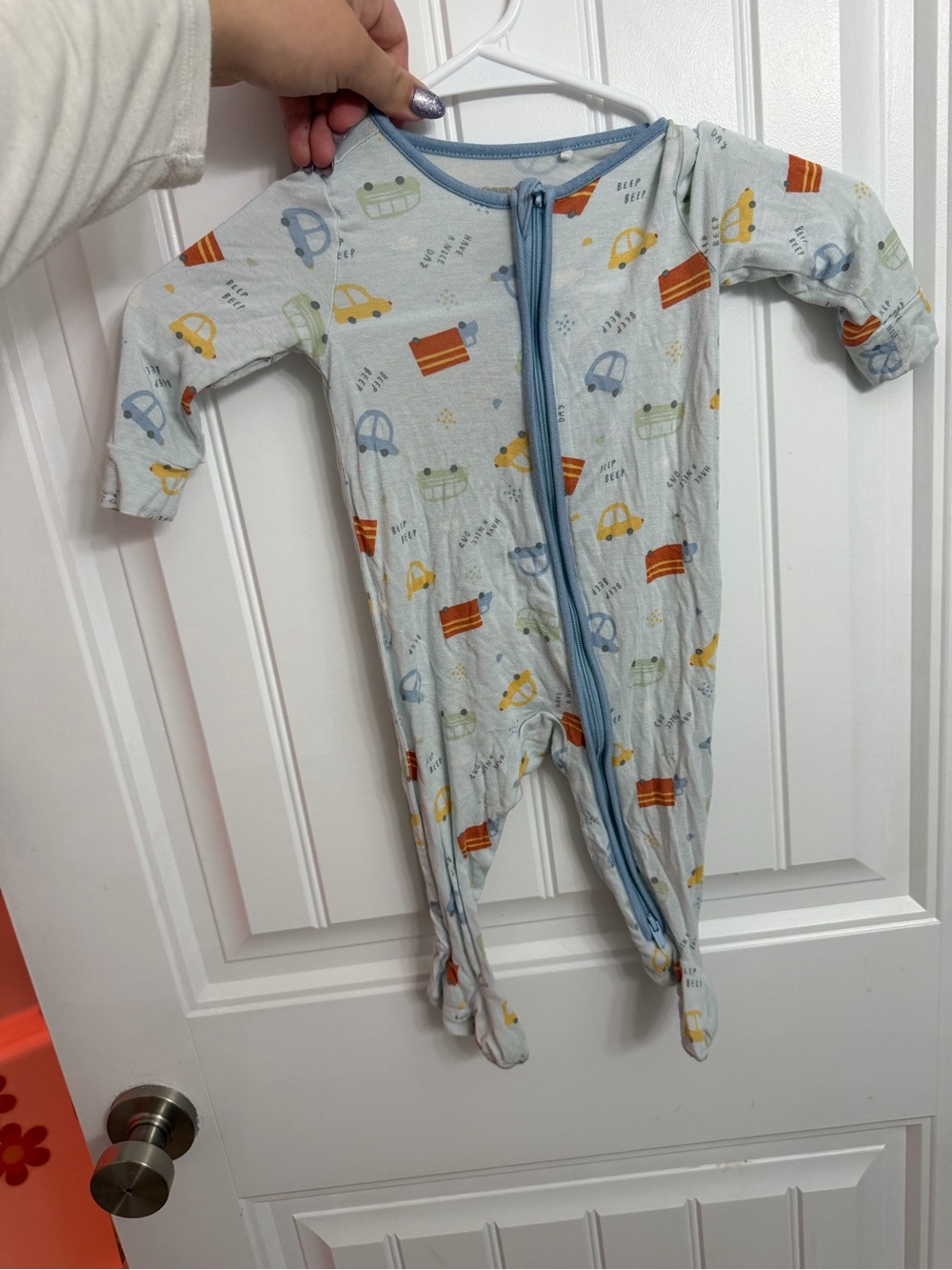 Light Blue Baby Footed One-Piece with Car Print